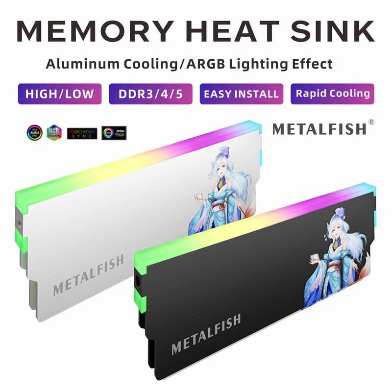 METALFISH DRAM 방열판 5V-3PIN ARGB DDR3 DDR4 DDR5 데스크탑 컴퓨터 PC 용 알루미늄 메모리 모듈 냉각 조끼