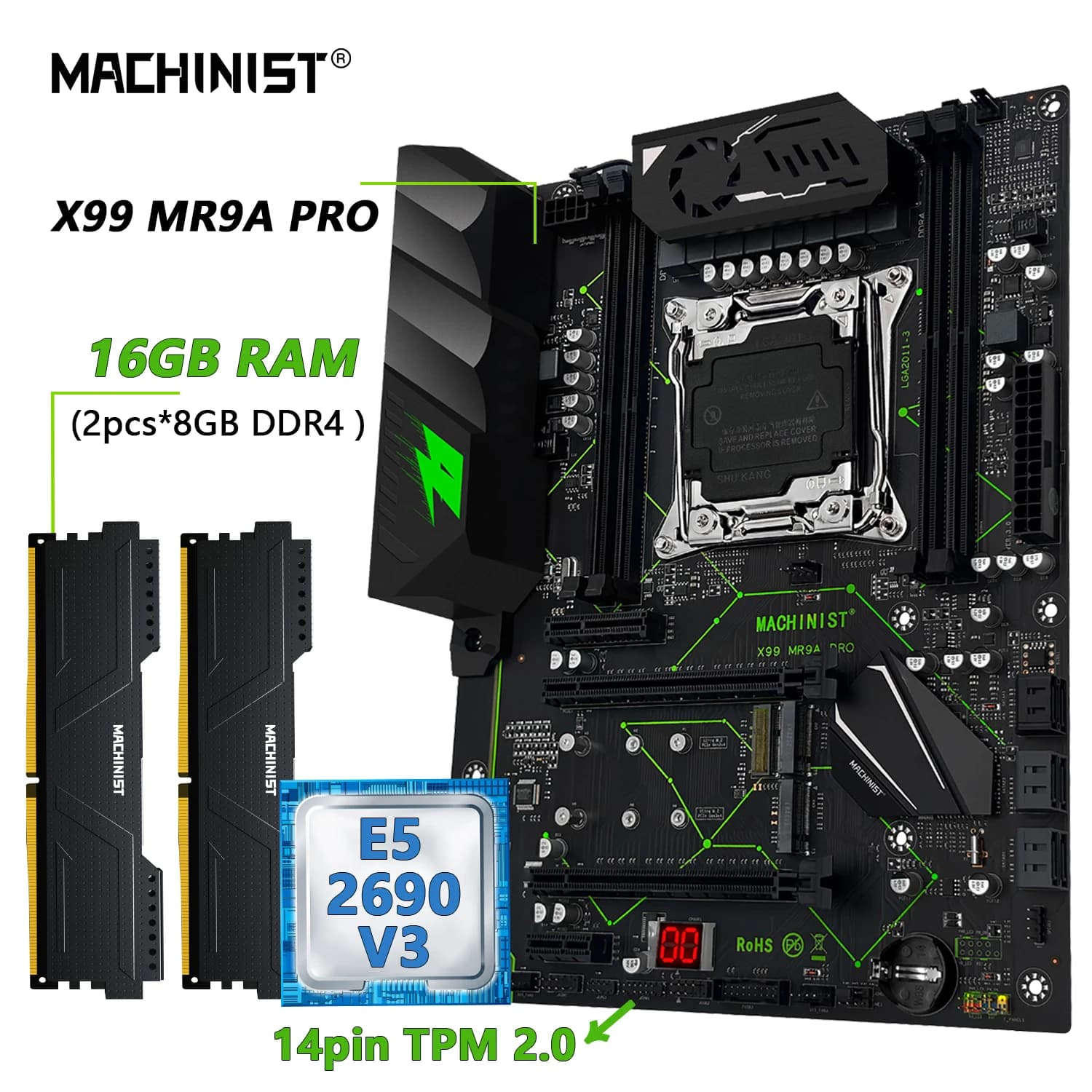 MACHINIST MR9A PRO X99 TPM 2.0 마더보드 LGA2011-3 Xeon E5 2690 V3 CPU DDR4 16GB (2*8GB) 2666MHz RAM 옵션 키트 세트