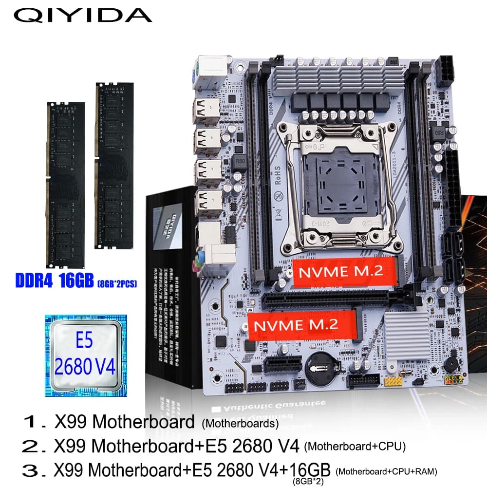 QIYIDA X99 마더보드 세트 키트 LGA2011-3 제온 E5 2680 V4 DDR4 16GB(2x8GB) PC4 SATA PCI16x3.0 NVME M.2 게이밍 컴퓨터