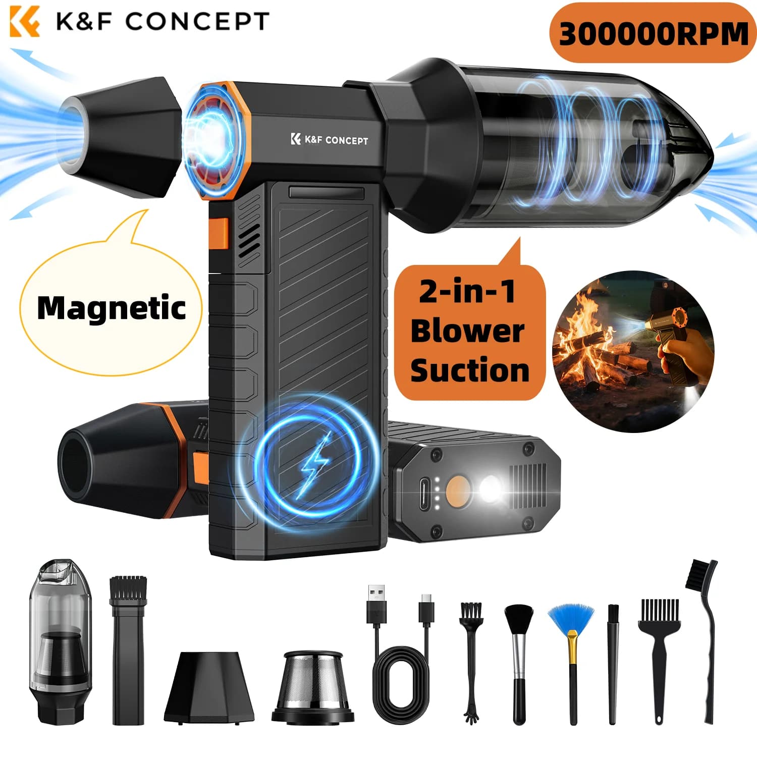 300000RPM 진공 LED 자기 전기 공기 먼지떨이 압축 2-in-1 공기 송풍기 및 컴퓨터, 노트북 키보드, 카메라 청소용 흡입