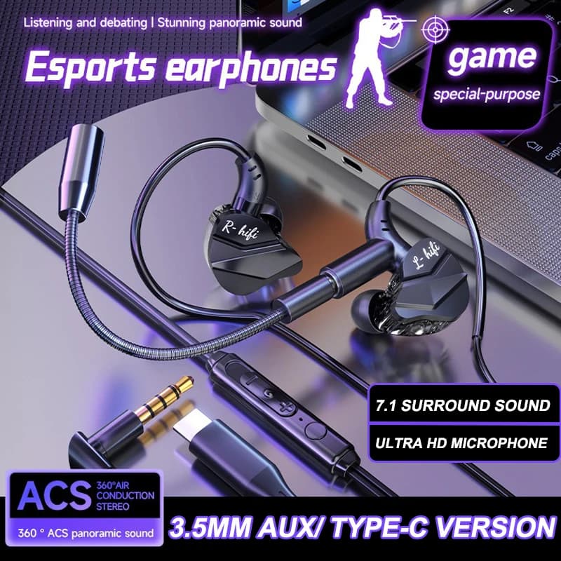E-스포츠 게임용 헤드셋 7.1 서라운드 사운드 Hifi 스테레오 유선 헤드폰 3.5mm/Type-C 이어폰형 듀얼 마이크 PUBG 게임용 이어폰 이어버드