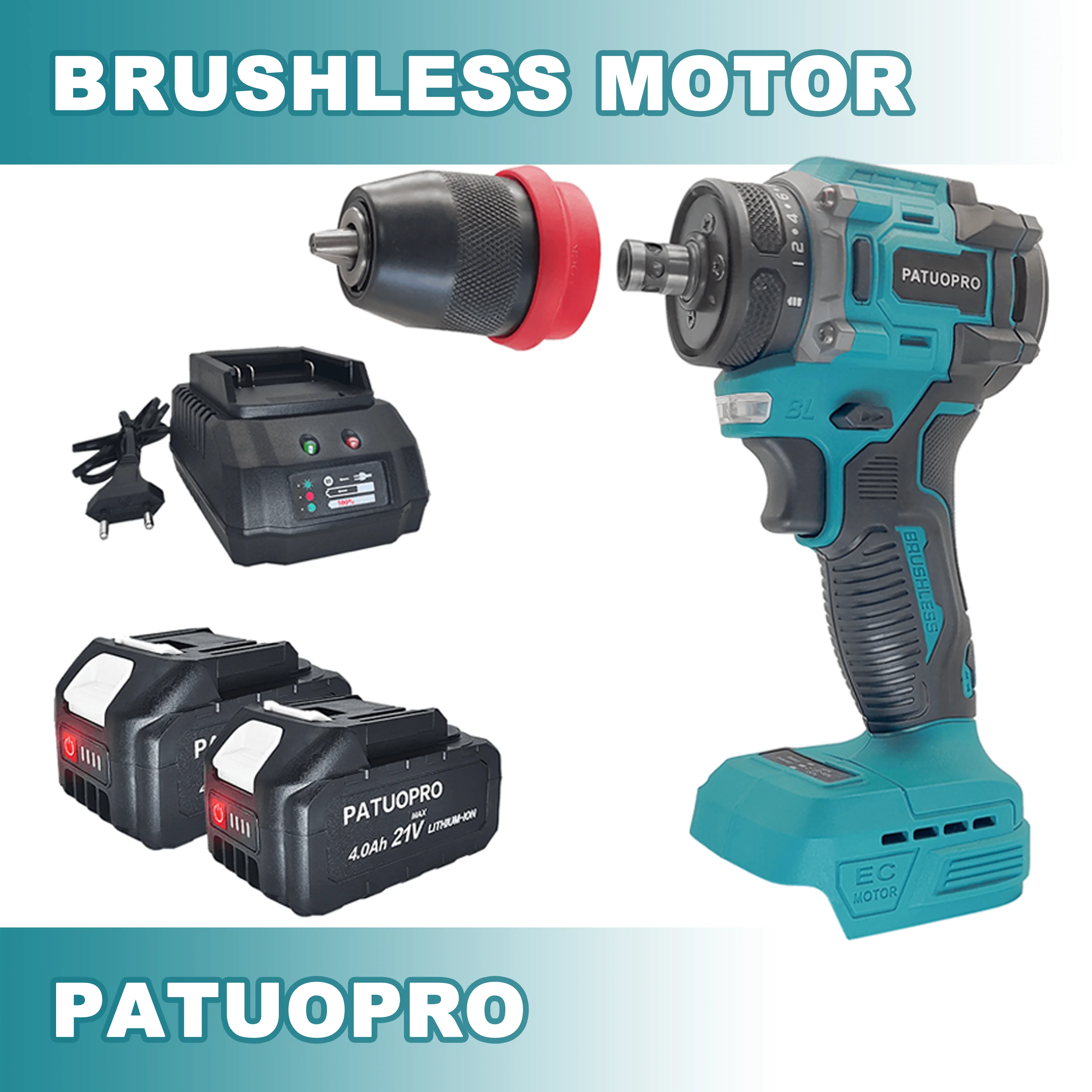 PATUOPRO 2 in 1 무선 전기 드릴, 10mm 척 브러시리스 스크루 드라이버, 충전식 드라이버 전동 공구, 마키타 18V 배터리용
