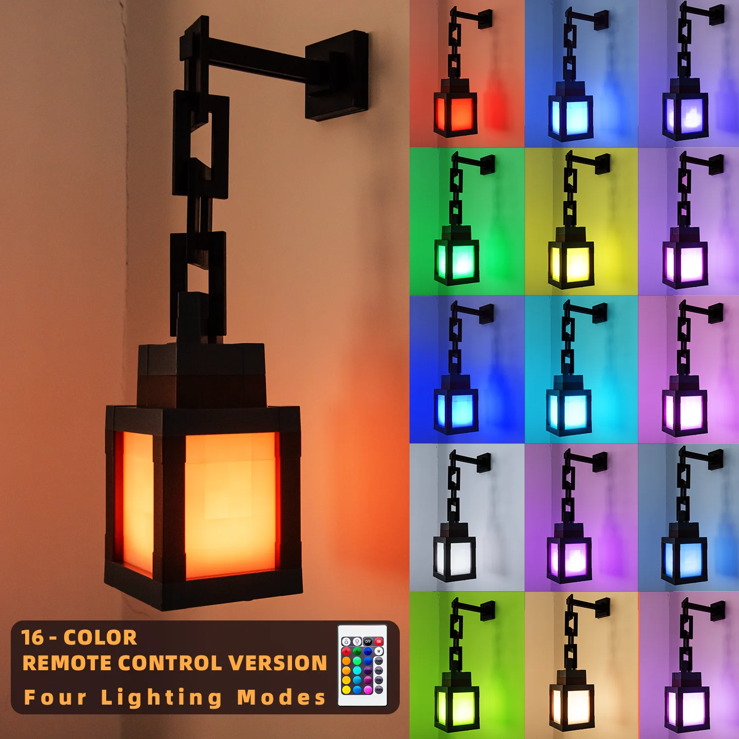 픽셀 스타일 야간 조명 휴대용 랜턴 탁상 장식품 16색 RGB 리모컨 DIY 인테리어 장식 분위기 조명