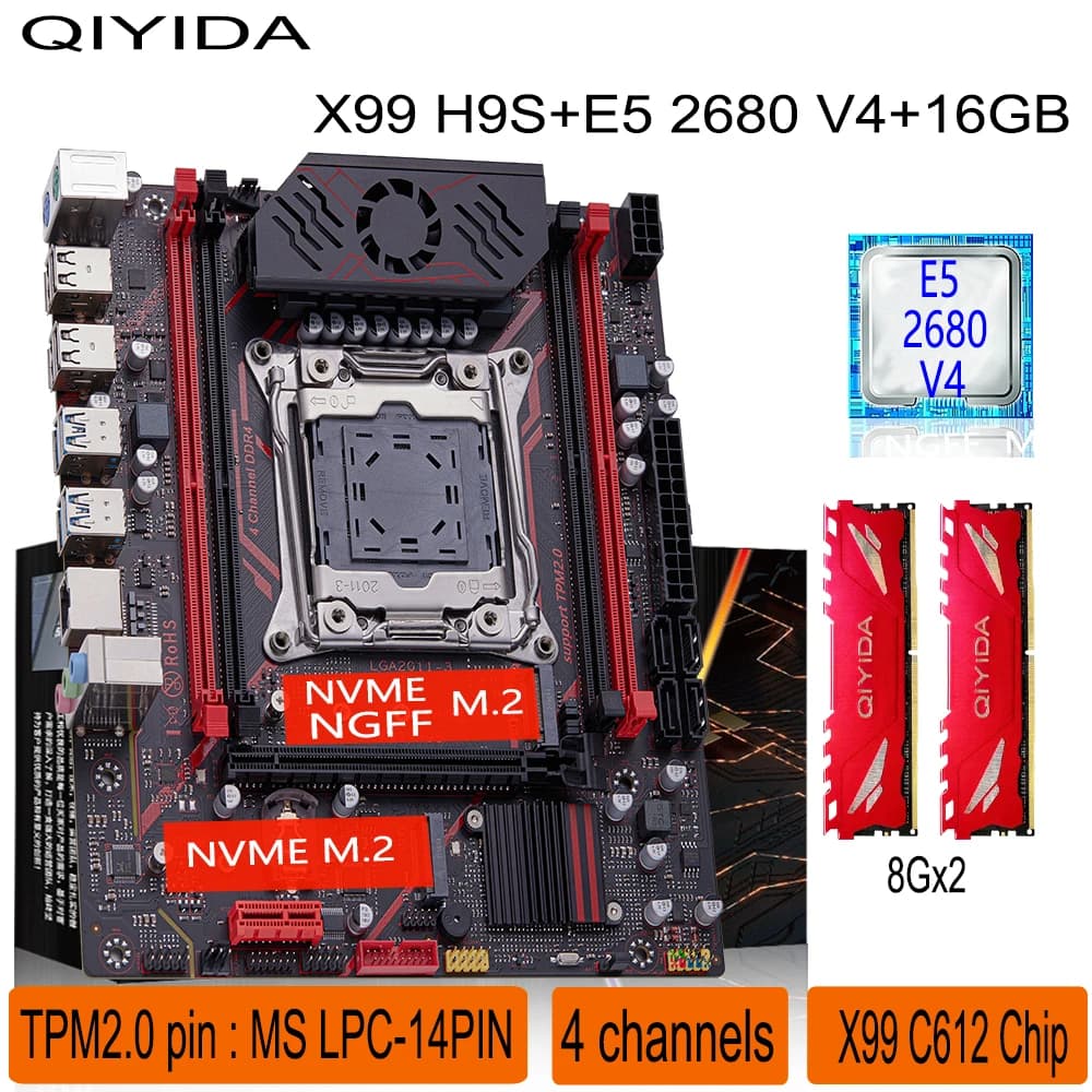Qiyida X99 마더보드 키트 LGA2011 3 Xeon E5 2680 V4 2*8GB 16GB DDR4 3200Mhz 4 채널 NVME USB3.0 SATA3.0 TPM 2.0 인터페이스