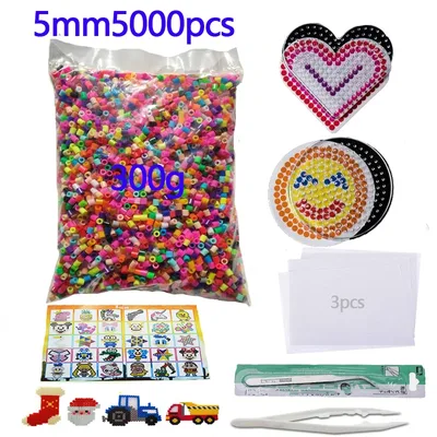 미니 하마 퓨즈 비즈, 대형 5mm 비즈, 템플릿 2 개, 다리미 용지 3 개, 트위저 2 개, DIY 어린이 교육 완구, 5000 개