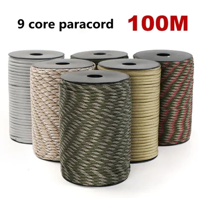100/50M 550 군용 표준 9 코어 파라코드 로프 4mm 야외 낙하산 코드 생존 우산 텐트 끈 스트랩 빨랫줄