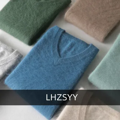 LHZSYY 남성용 100% 밍크 캐시미어 대형 스웨터 가을 겨울 솔리드 v 넥 캐주얼 니트 풀오버 남성 긴 소매 따뜻한 점퍼