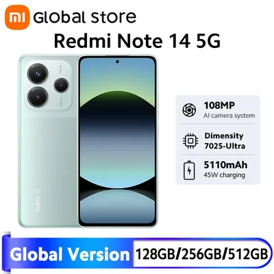 새로운 샤오미 레드미 노트 14 5G 스마트폰 글로벌 버전 45W 터보 충전 MTK 디멘시티 7025-울트라 CPU NFC 108MP 카메라