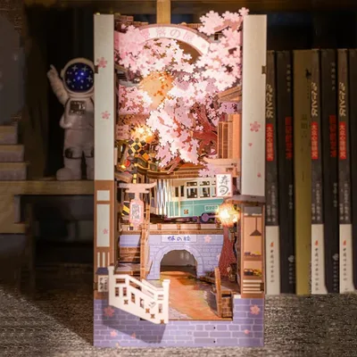 DIY 나무 책 구석 선반 삽입 키트 소형 벚꽃 북 엔드 일본 인형 집 장난감 책장 선물 홈 장식