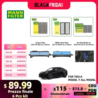 Tesla Model Y 모델 3 EV MANNFILTER CUK25015/21-2 CUK46025/1-2 CU47025/3-2 내장 에어 필터 용 HEPA 카본 캐빈 필터 키트