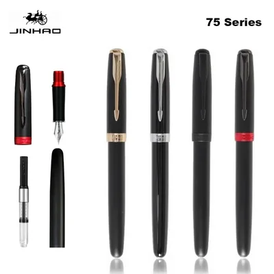 Jinhao 75 금속 만년필 0.5mm 펜촉 럭셔리 우아한 펜 블랙/블랙 레드 잉크 펜 쓰기 사무실 학교 용품 편지지