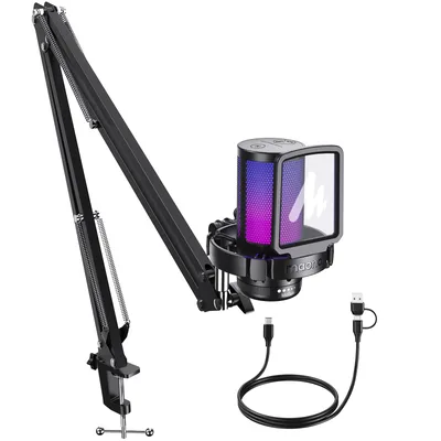 마오노 DGM20S 게이밍 USB 마이크 콘덴서 마이크 RGB 조명, 노이즈 캔슬링, 붐 암 포함, 스트리밍, 팟캐스트, 유튜브, 틱톡용