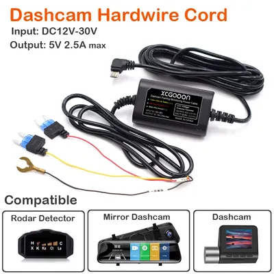 5V 2.5A 차량용 블랙박스 DVR 카메라 24시간 주차 모니터링 하드와이어 키트 케이블, 미니 마이크로 타입-C USB 충전 케이블 포함, 3.1미터