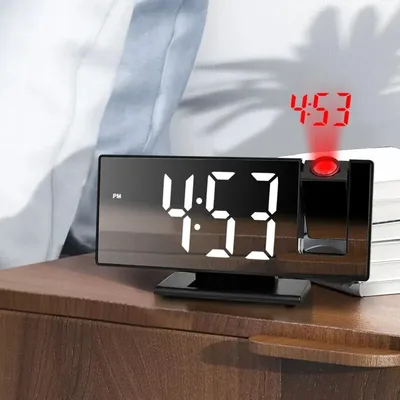 180 °   팔 프로젝션 알람 시계 시간 온도 USB 플러그인 디지털 알람 시계 스누즈 테이블 시계 12/24H 프로젝터 LED 시계