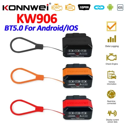 KONNWEI KW906 ELM327 V1.5 Pic18F25K80 OBD2 스캐너 블루투스 5.0 안드로이드/IOS ELM 327 OBD 2 자동차 진단 도구 코드 리더