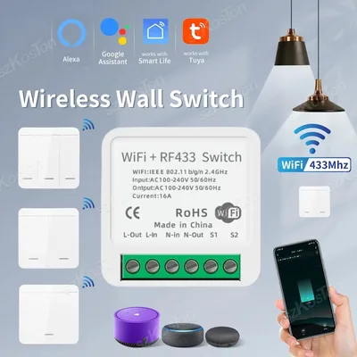 Tuya 스마트 홈 와이파이 미니 스마트 스위치, RF 433Mhz 무선 벽 스위치 86 패널 리시버 인터럽터, 음성 제어 알렉사 구글