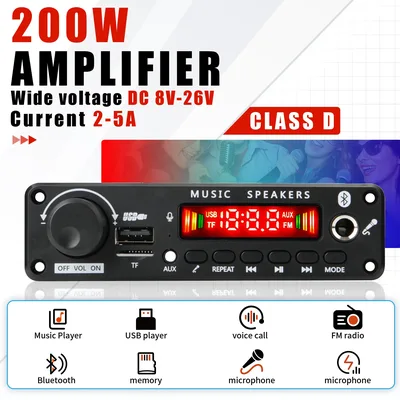 200W DIY 홈 디지털 앰프 MP3 디코더 보드 12V 100W 오디오 전원 블루투스 FM 음악 서브 우퍼 스피커 볼륨 조절