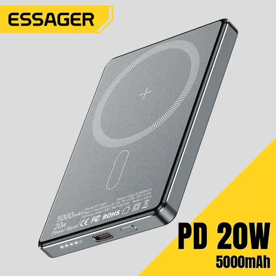 Essager 얇은 무선 보조배터리 마그네틱 맥세이프용 휴대용 고속 충전 외장 배터리, 아이폰 16, 15, 14, 13, 20W, 5000mAh