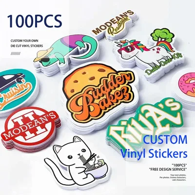 PVC 방수 다이 컷 비닐 로고 디자인 브랜드 노트북 귀여운 맞춤형 스티커, 비즈니스용 광택 필름, 맞춤형 스티커, 100 개
