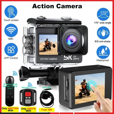 듀얼 스크린 액션 카메라, 5K, 4K60FPS, 50MP, 2 인치 터치, 5X 줌, Wi-Fi, EIS, 170 °, DVR 웹캠, 무선 마이크, 30M 방수 스포츠 카메라 한국어 메뉴 포함