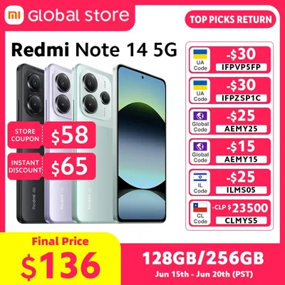 샤오미 레드미 노트 14 5G 스마트폰 글로벌 버전 NFC 108MP 128GB/256GB ROM 카메라 MTK 디멘시티 7025-울트라 45W 터보 충전