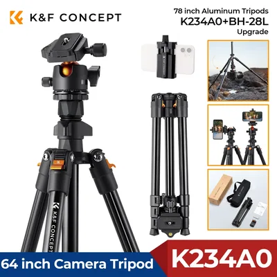 K&F CONCEPT 64인치 카메라 삼각대(볼헤드 포함) 휴대폰 라이브 브이로그용 8kg 하중 K234A0+BH-28L 경량 야외 DSLR 삼각대