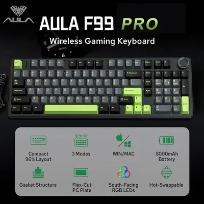 AULA F99PRO 게임용 기계식 키보드 99 키 3 모드 무선 핫 스왑 가능 가스켓 구조 미디어 손잡이가 있는 맞춤형 키보드