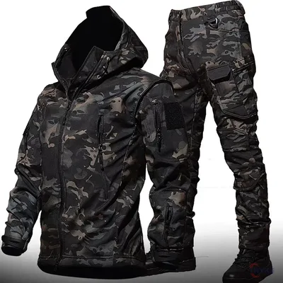 6XL TAD 전술 남자 사냥 하이킹 낚시 탐험 복장 위장 상어 피부 사냥 방수 후드 자켓 + 바지