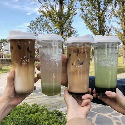 355/473ML 밀짚 차 여과기와 간단한 플라스틱 물병 투명 커피 컵 사무실 우유 말차 음료 컵 자동차 아이스 컵