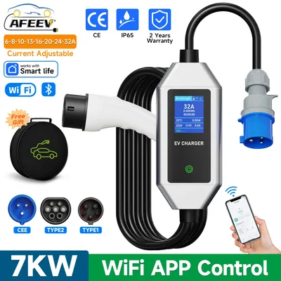 AFEEV 7KW 32A WiFi APP 제어 기능이 있는 1상 휴대용 EV 충전기 Type2/Type1 전기 자동차 충전기 Wallbox EVSE 고속 충전 케이블