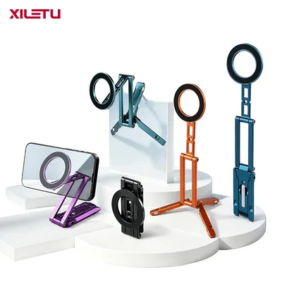 XILETU Magsafe 마그네틱 휴대폰 삼각대 스탠드, 후크가 있는 접이식 데스크탑 홀더, 아이폰 데스크탑 셀카 비디오 모바일 삼각대