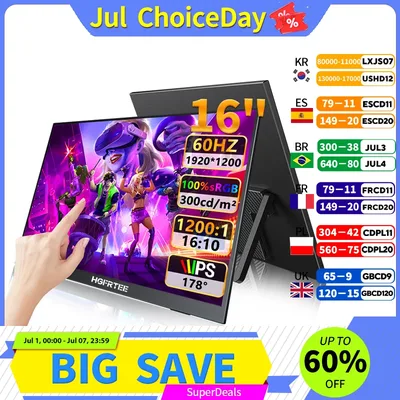 HGFRTEE16인치 FHD 휴대용 터치/비터치 모니터 외부 디스플레이 IPS USB C 미니-HDMI 노트북 맥 PC Xbox PS 스위치용 VESA 지원