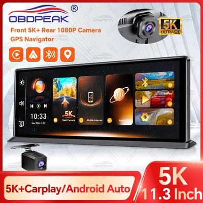 OBDPEAK K8 Pro 전면 5K 후면 1080P 대시 캠 카메라 11.3인치 터치 Ai 스크린 Carplay 및 Android 자동 GPS 네비게이션 야간 투시경 DVR 블랙박스