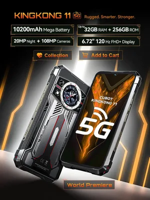 안드로이드 스마트폰 5G Cubot KingKong 11, 10200mAh 배터리, Dimensity 7025, 6nm, 2.5GHz, 32GB RAM(16GB+16GB 확장), 256GB ROM, 108MP 카메라, 24MP 나이트 비전 카메라, 6.72인치 120Hz 화면, 5g스마트폰, 1.46인치 후면 화면, Smartphone 5G