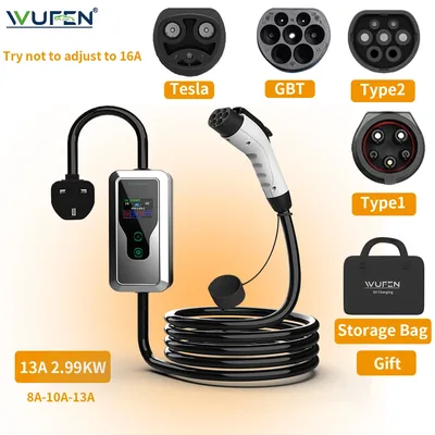 WUFEN UK 플러그 타입2 GBT 타입1 NACS EV 충전기 2.99KW EVSE 자동차 가정용 충전 휴대용 8/10/13A 조절 가능 가정 및 야외용