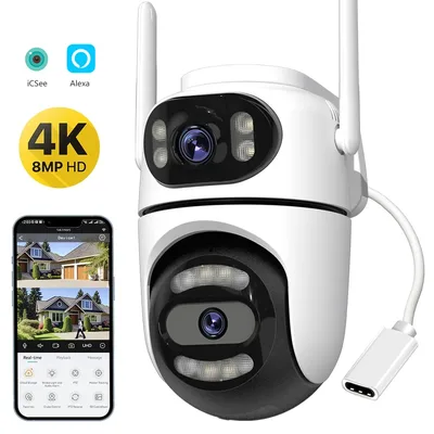8MP 4K HD Wifi PTZ 카메라 iCsee 앱 듀얼 렌즈 듀얼 스크린 비디오 감시 IP 카메라 AI 추적 야외 가정용 보안 CCTV