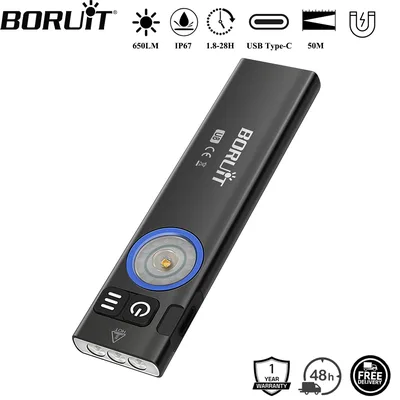 BORUiT U8 650LM EDC LED 손전등 타입-C 충전식 작업등 자석 방수 캠핑 포켓 랜턴