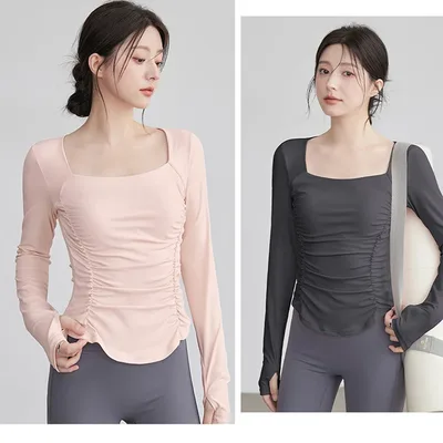 여성을위한 스퀘어 칼라 플리츠 요가 의류 새로운 전문 필라테스 러닝 트레이닝 사이클링 스포츠 탑 피트니스 긴 소매