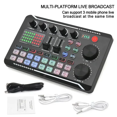 인터페이스가 있는 라이브 사운드 카드 오디오 믹서 DJ 믹서 효과 음성 변조기 라이브 스트리밍 노래용 블루투스 호환 믹서