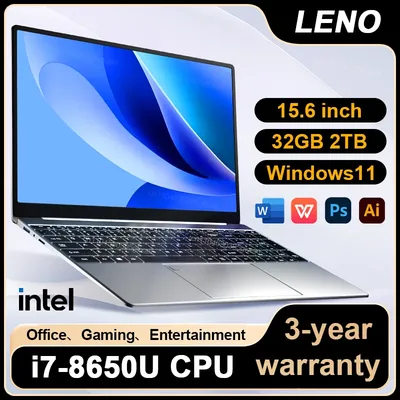 LENO NEW 15.6인치 노트북 윈도우 11 인텔 코어 i7 8650U 32GB 2TB 1920*1080 HD 게이밍 컴퓨터 PC 게이머 사무용 울트라 슬림 노트북