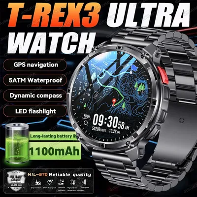 2026년 신제품 T-Rex3 울트라 1100mAh 밀리터리 스마트워치 남성용 1.7인치 AMOLED GPS 경로 5ATM 방수 나침반 LED 플래시라이트 스마트워치 iOS