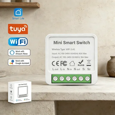 Tuya 스마트 WiFi 스위치 모듈 16A 2방향 제어 미니 차단기 라이트 스위치 타이머 원격 제어 Alexa Google과 호환 가능
