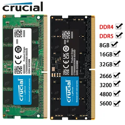 크루셜 메모리 노트북 램 DDR5 DDR4 32GB 16GB 8GB 2133 2400 2666 3200 5600 4800MHz PC5-44800 38400 PC4-25600 SODIMM 노트북 램