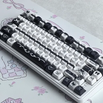 MAIMOOO 블랙 보우 키캡 moa pbt 라운드하고 귀여운 DIY 아울라 키보드 키캡 핑크와 블루