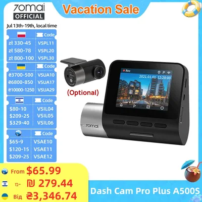 글로벌 버전 70mai 대시 캠 프로 플러스 A500S 1944P ADAS GPS 카메라 70mai 전면 캠 A500S 140FOV 자동차 DVR 24 시간 주차 지원 후면 인테리어 캠